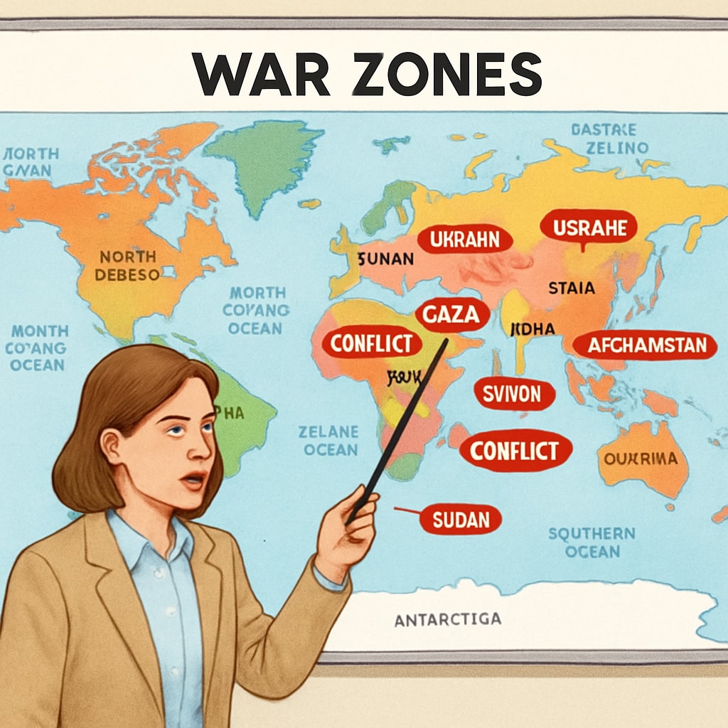 A teacher uses a map to educate students about Gaza and other global conflicts.