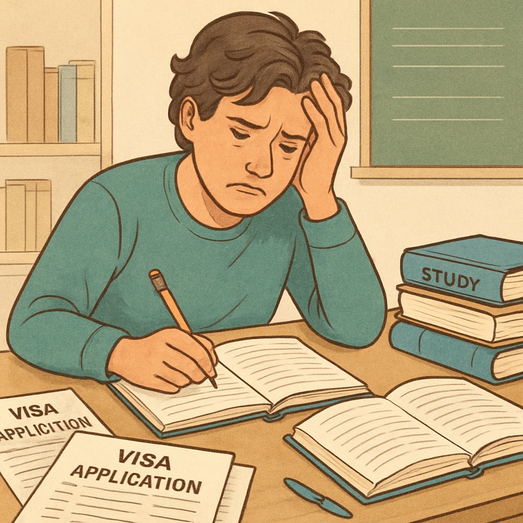 A frustrated student reviewing visa application documents, highlighting the challenges posed by education system disparities. A student reviewing visa forms, illustrating barriers in education system compatibility.