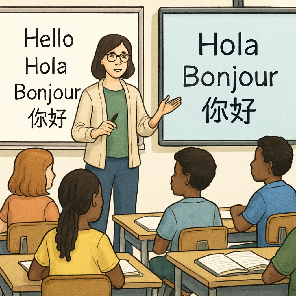 An educator using Gurwi to teach a multilingual class, with content displayed in several languages. Teacher using Gurwi’s multi-language tools to teach students of diverse linguistic backgrounds.