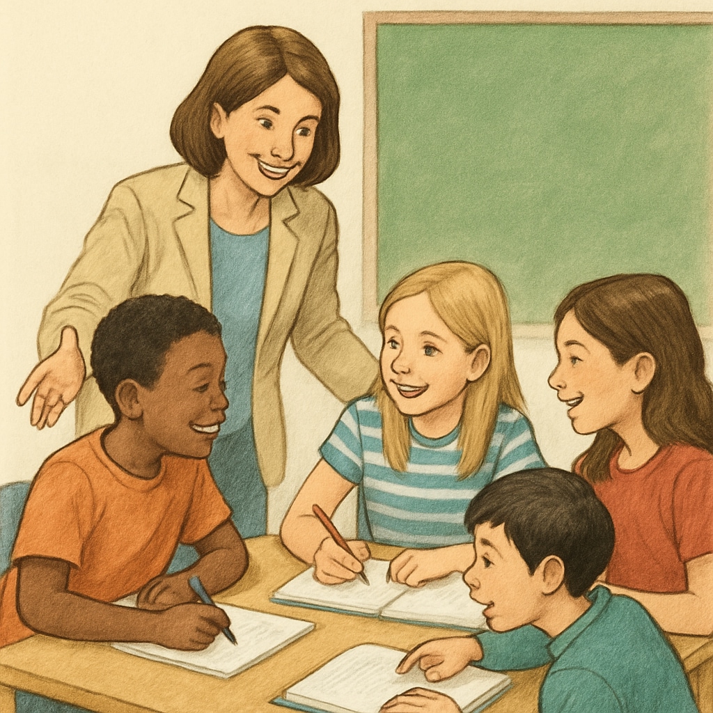 Teacher guiding students in group activities to emphasize teamwork over labels.