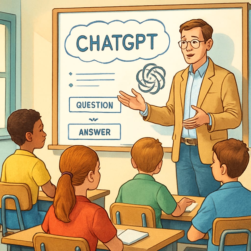 Teacher using ChatGPT in K12 classroom to enhance critical thinking and education integration.