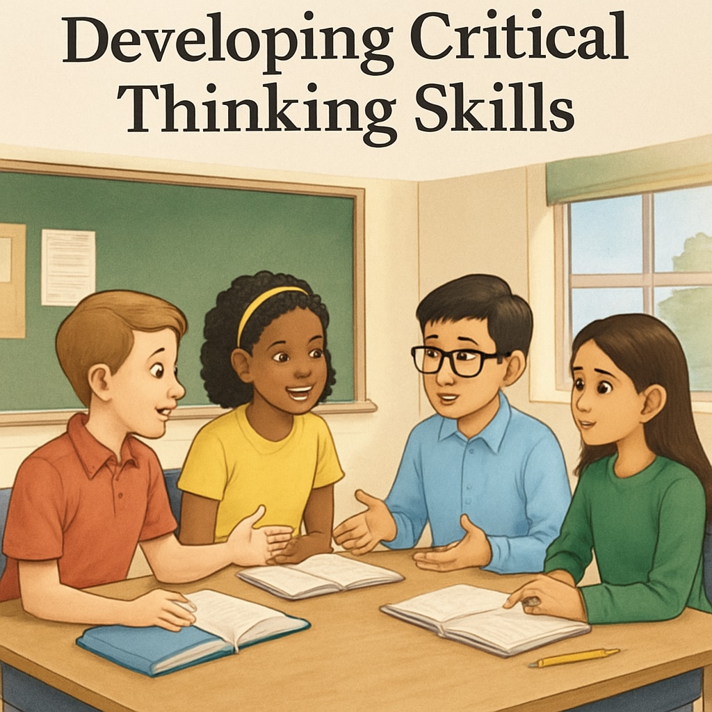 A classroom setting where students are engaged in a group discussion, symbolizing critical thinking development. Students in a classroom discussing ideas, reflecting critical thinking and collaboration.