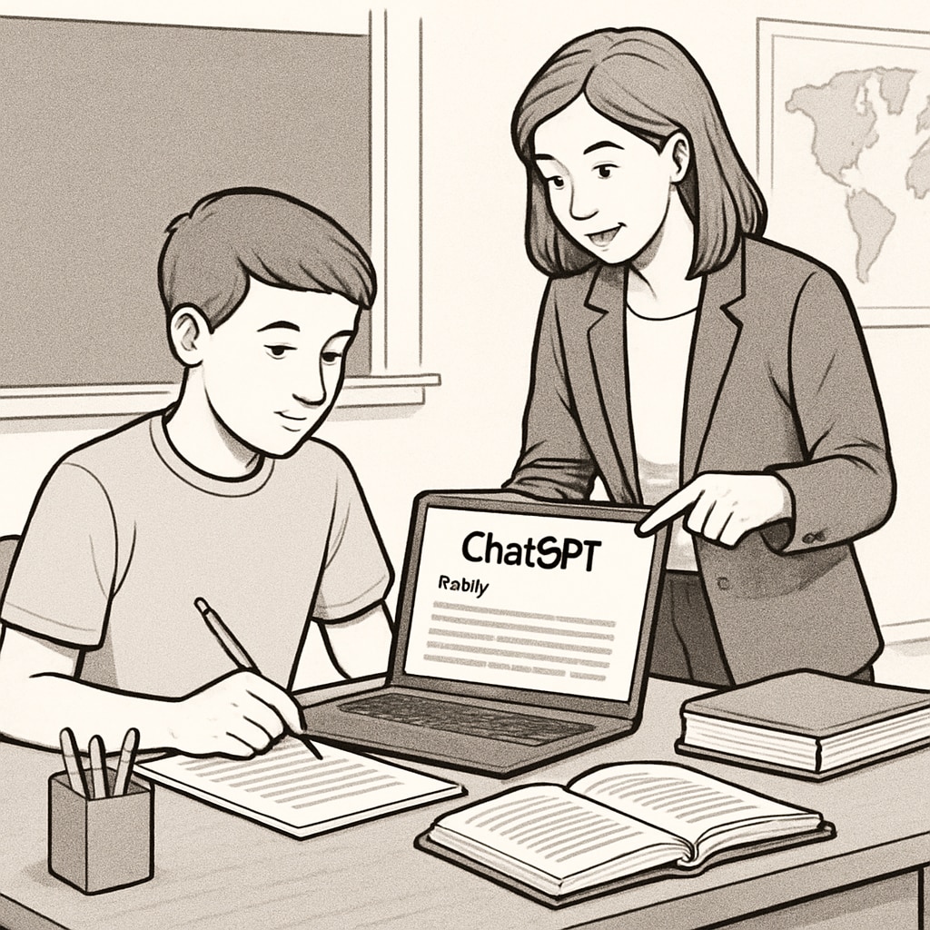 Student using ChatGPT to write an essay, fostering educational integration and critical thinking.