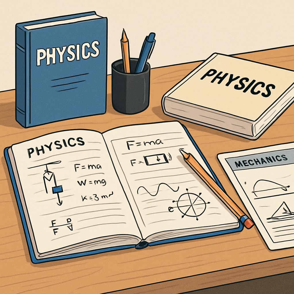 An organized study desk with resources for physics exam preparation.