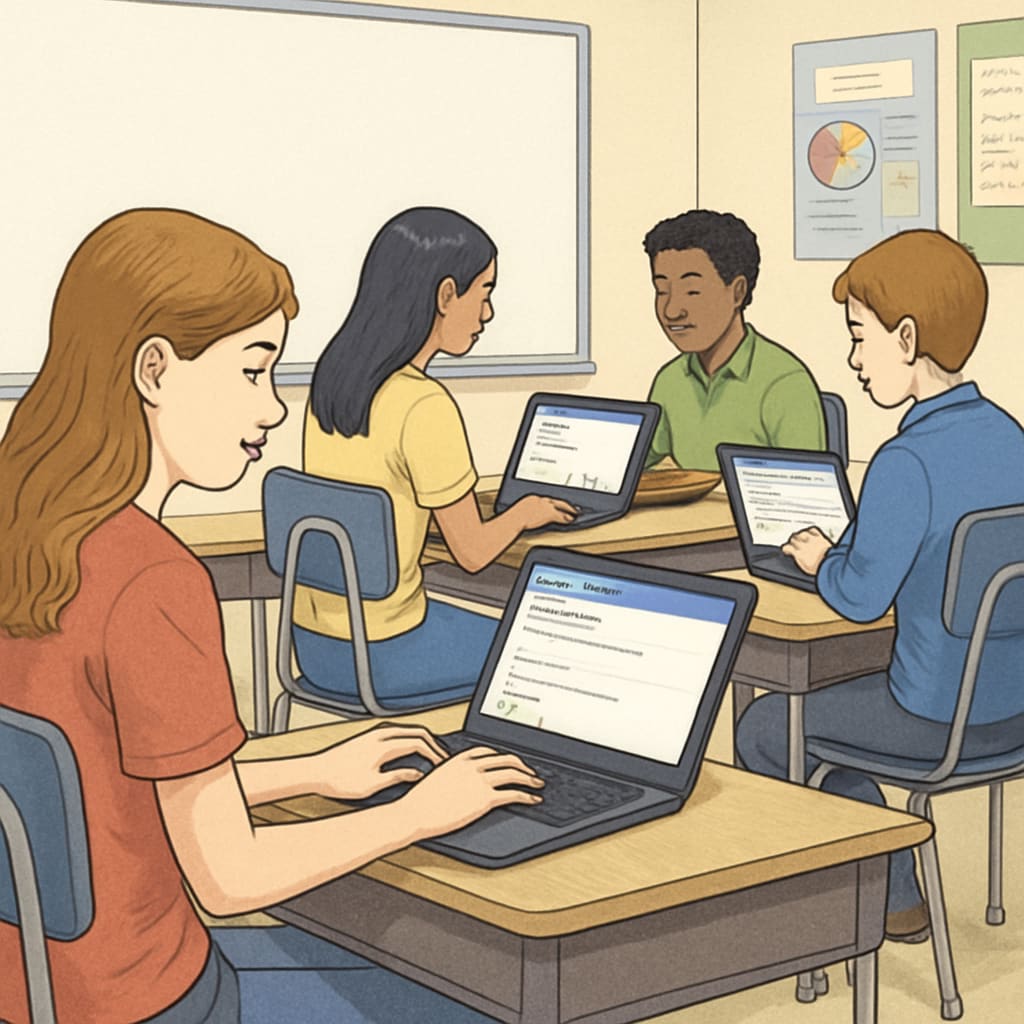 Students completing a Google Forms survey in class