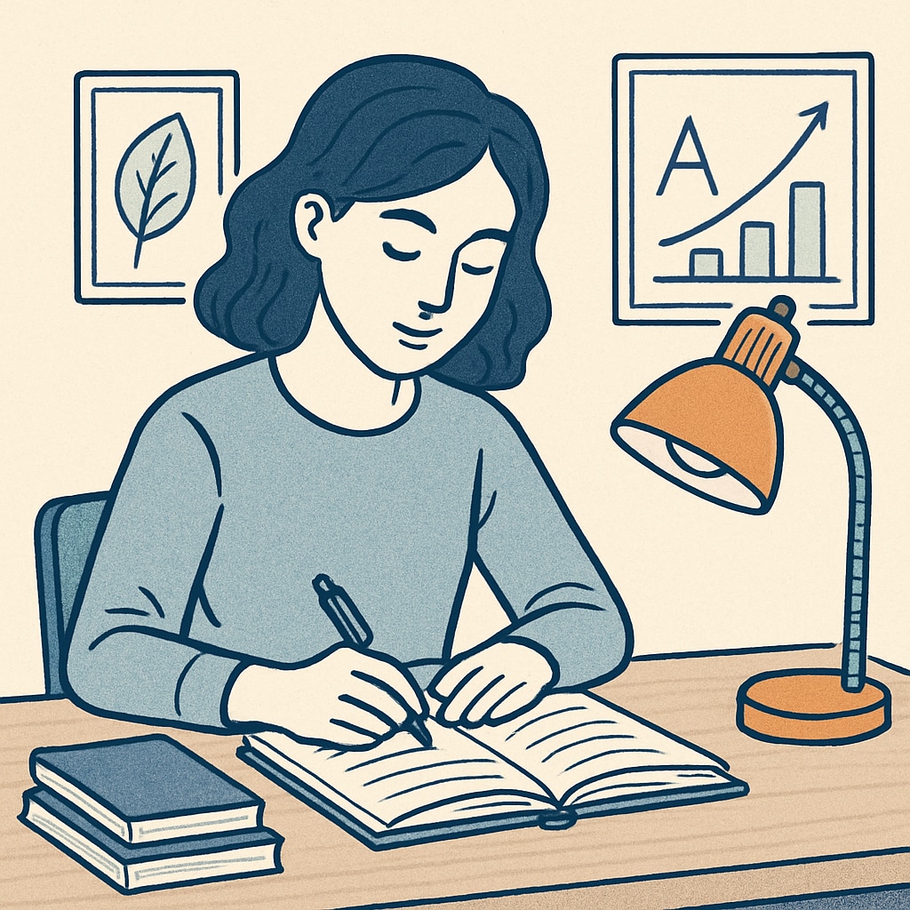 A student writing in a journal, symbolizing self-reflection and personal growth. A reflective student writing in a journal, representing self-awareness and growth.