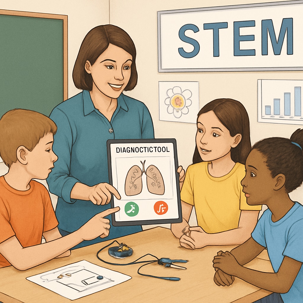 A teacher engaging with students while using a diagnostic tool in a STEM classroom. The image highlights the interactive approach of the tool. Teacher using a diagnostic tool in a STEM classroom to address learning difficulties.
