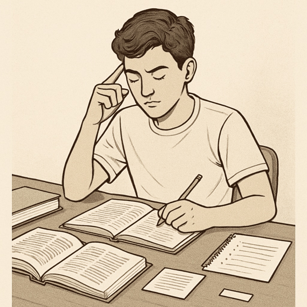 A teen studying with books and notes spread across a table, reflecting active recall techniques. Teen practicing active recall techniques while studying.