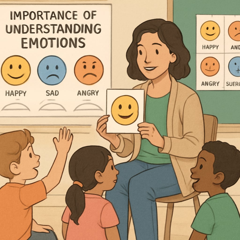 A teacher conducting an emotional literacy workshop with young children, emphasizing the importance of recognizing emotions. Emotional education workshop for children focusing on recognizing emotions.