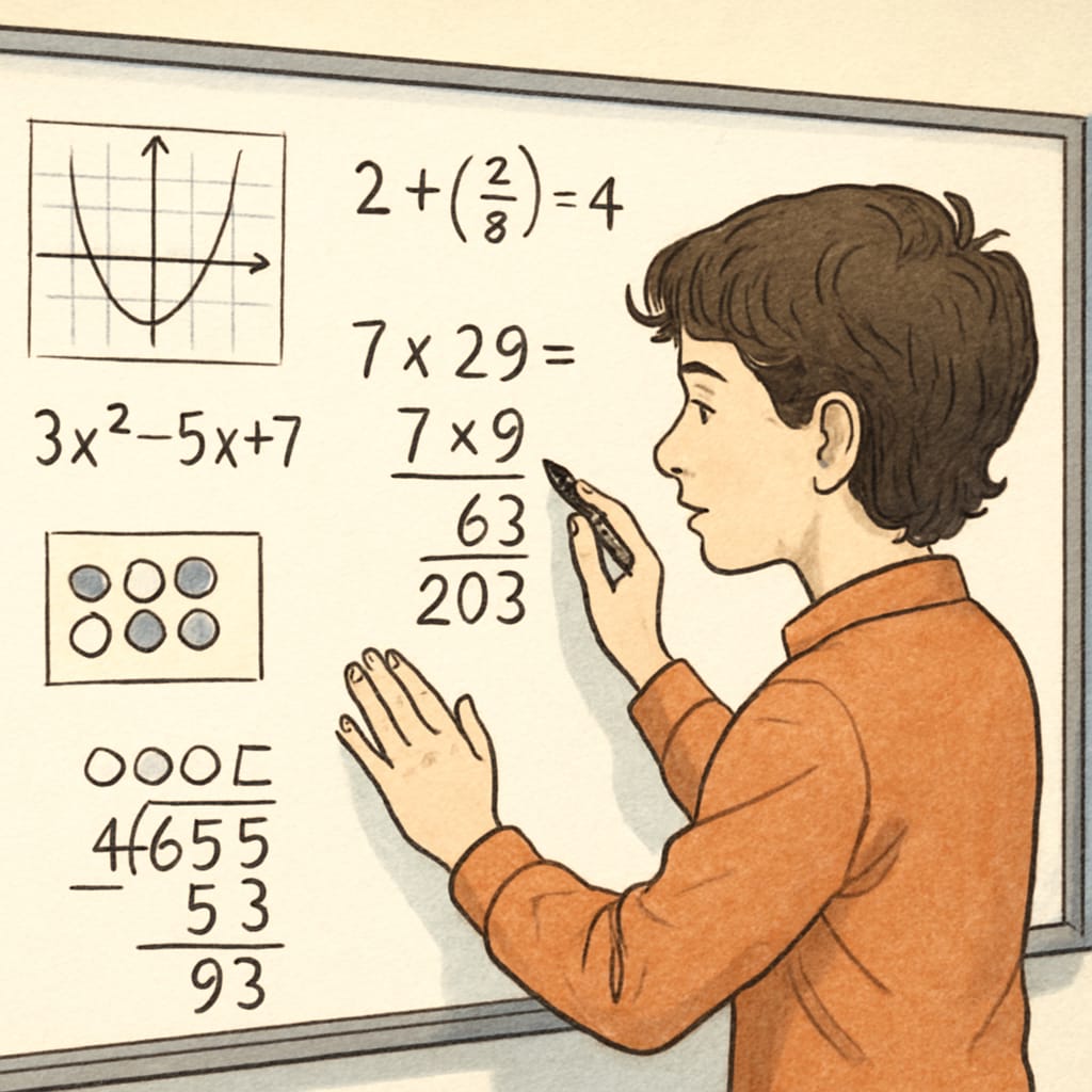 A student solving mathematical problems on a whiteboard, showcasing visualization and chunking techniques. Student using visualization and chunking strategies for problem-solving.