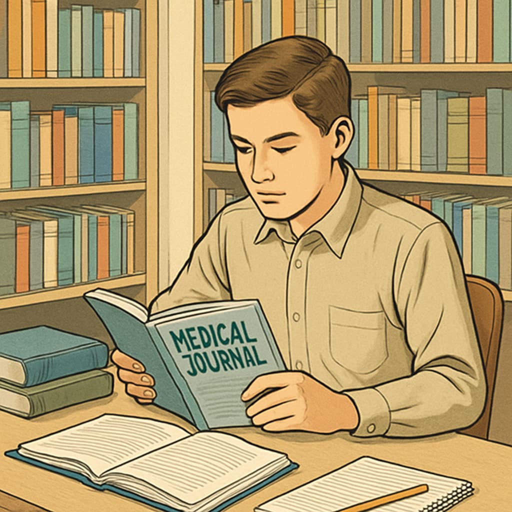 A high school student reading a medical journal in a library, showcasing focus and effective learning habits. A student refining reading comprehension for medical aspirations.