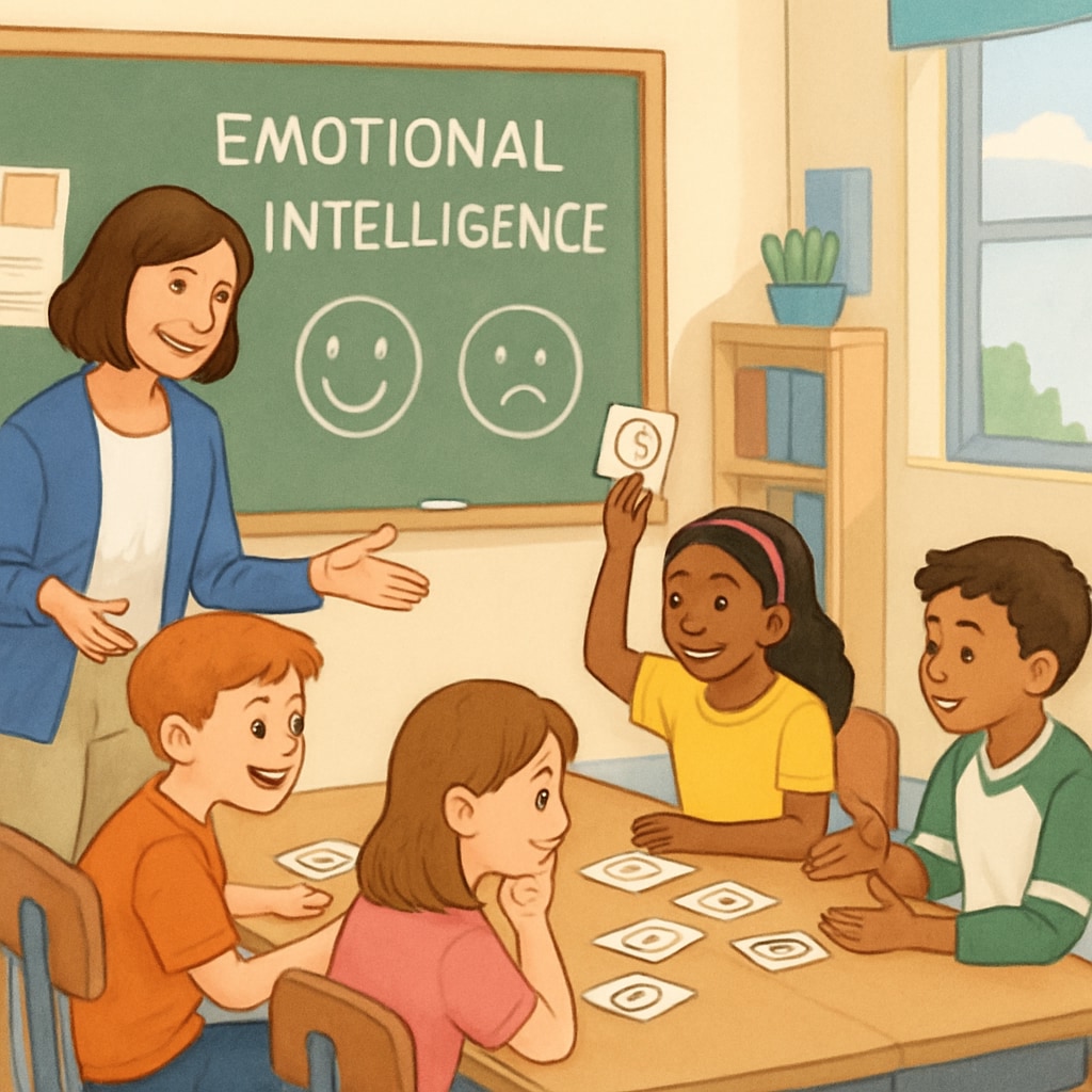 A classroom setting where students are engaged in a group activity designed to build emotional intelligence. Students participating in an activity to develop emotional intelligence in school.