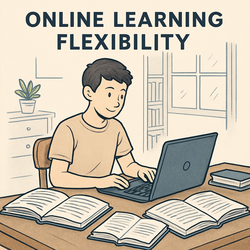 A student studying at home with a laptop and textbooks, representing online learning flexibility. A student using a laptop to complete coursework for Khan World School and ASU Online dual enrollment.