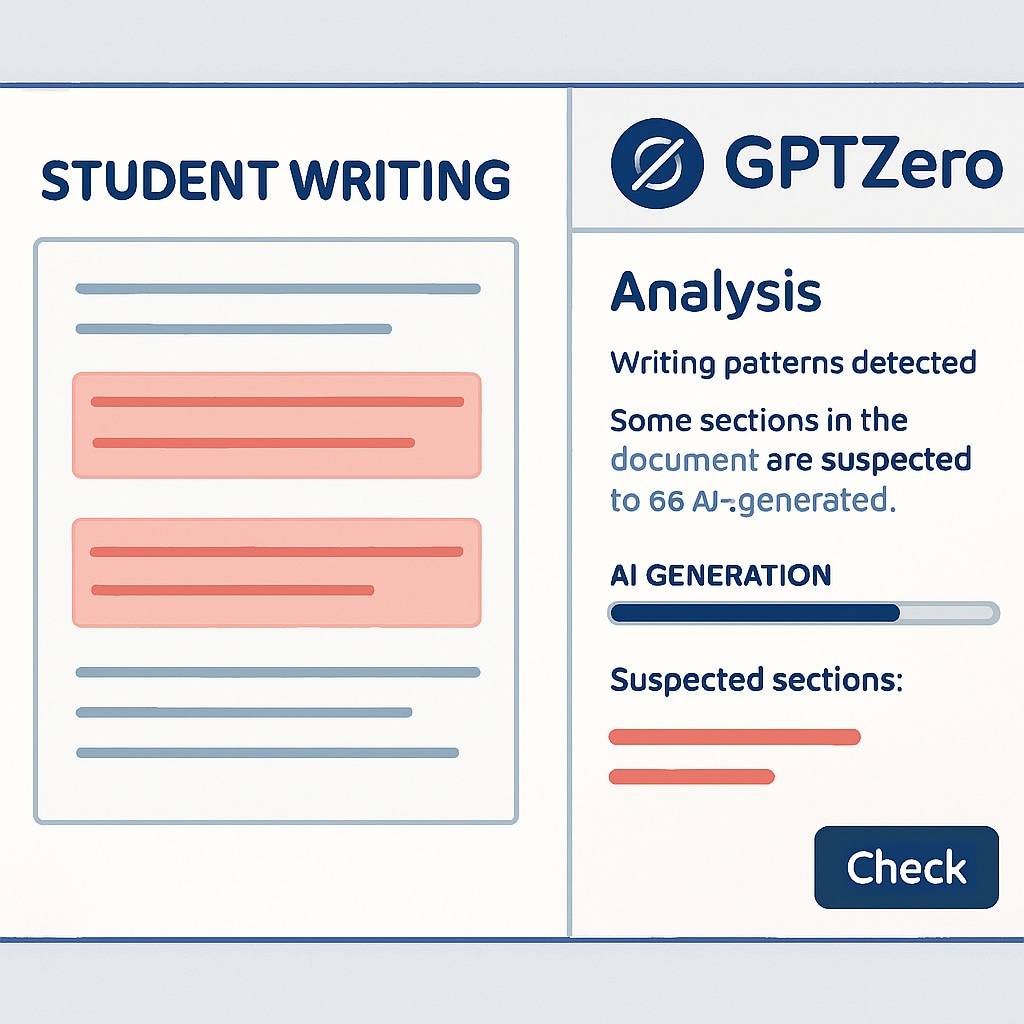 A screenshot showing the interface of GPTZero analyzing student writing patterns, highlighting sections suspected of being AI-generated. GPTZero interface detecting AI-generated text to ensure academic integrity.