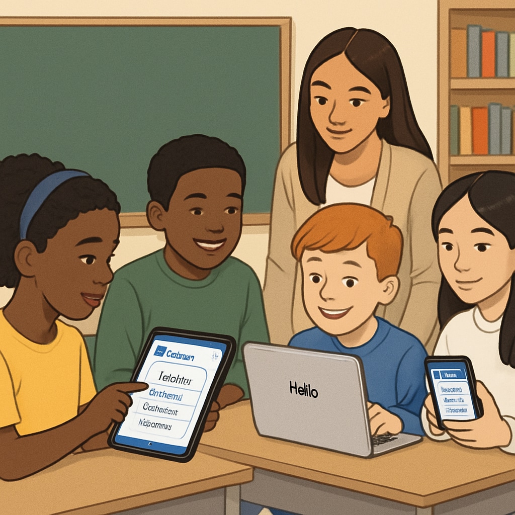 Students in a multilingual classroom using Gurwi's language support features on digital devices.