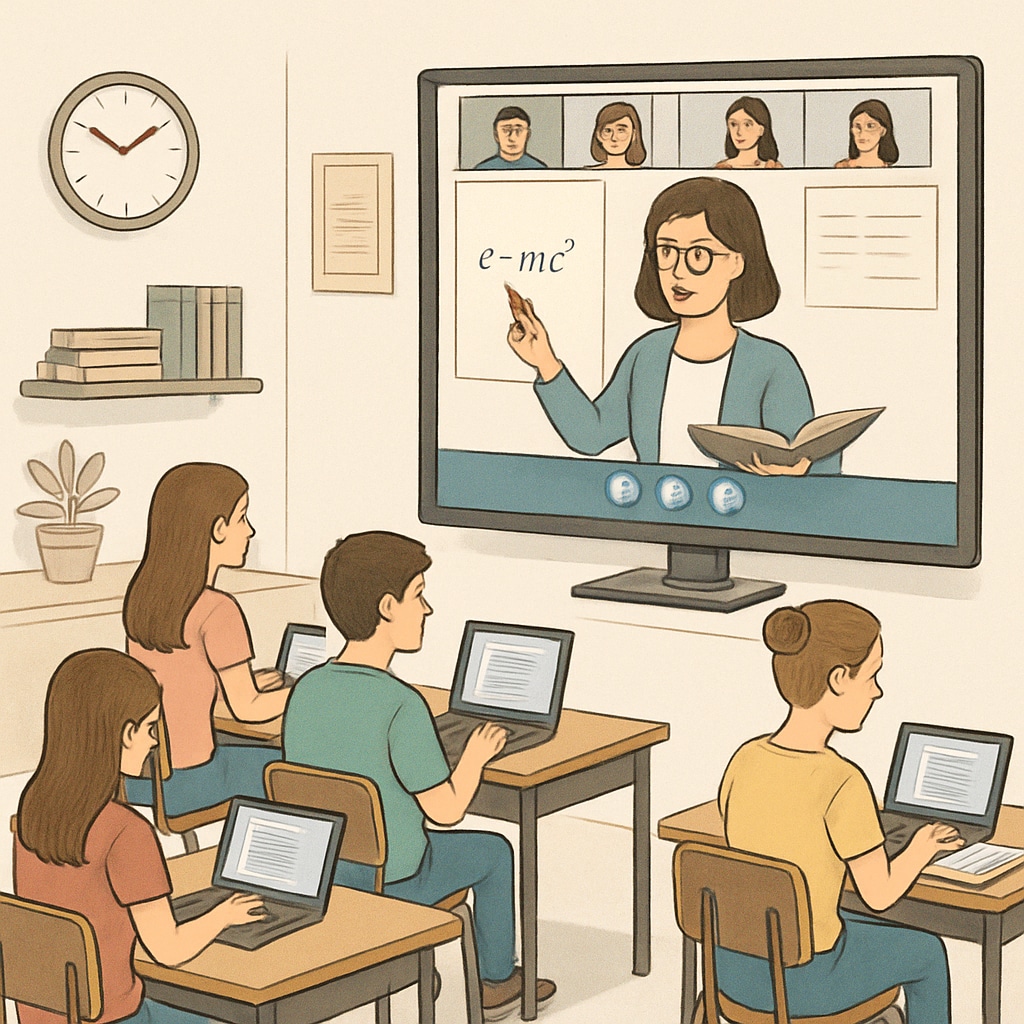 A virtual classroom setup showing students participating in an online lecture via video conferencing. Virtual classroom experience in Khan World School and ASU Online dual enrollment program.