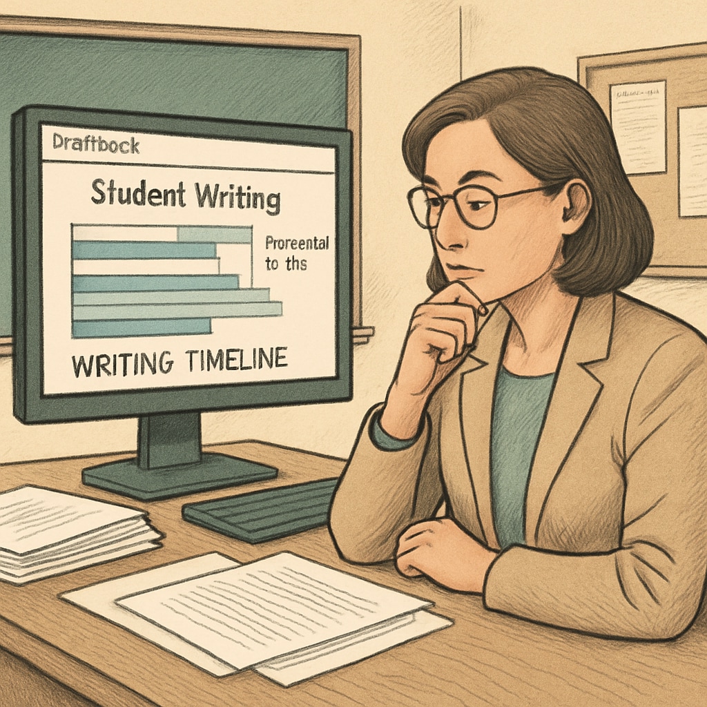 A teacher reviewing Draftback's visualization of a student's writing timeline, observing the progression of edits to evaluate effort. Teacher analyzing Draftback's timeline feature to assess writing effort.
