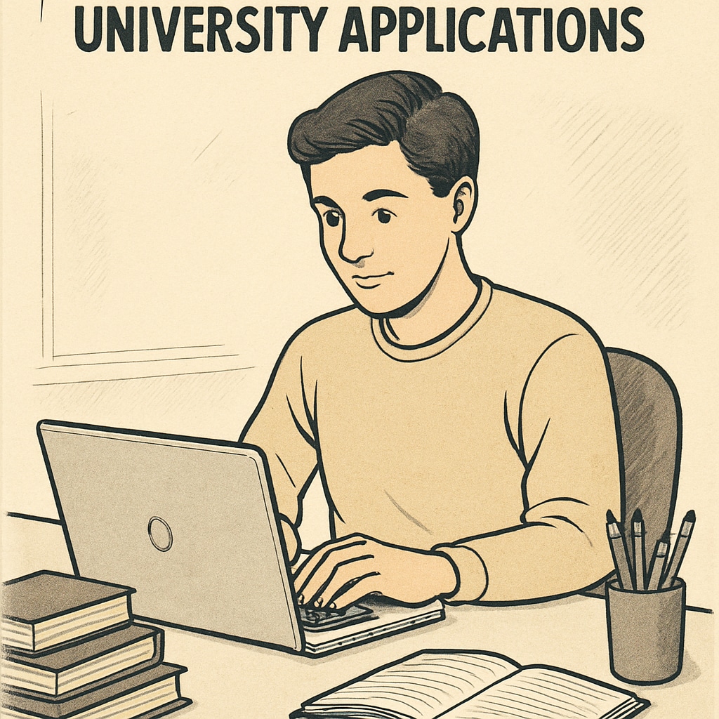 A student confidently typing their personal statement, emphasizing authenticity in university applications. Student writing a personal statement for university applications with integrity.