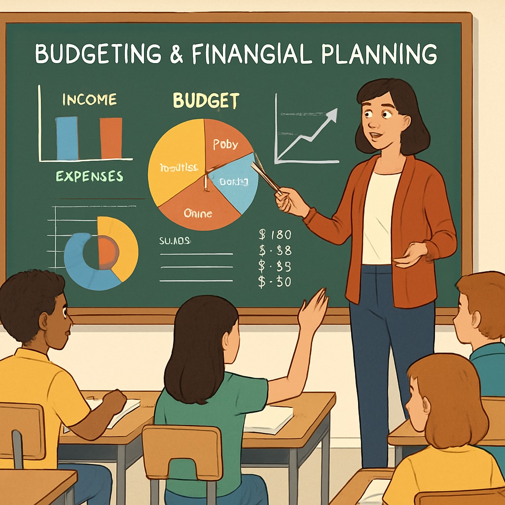 A classroom setting where students are learning about budgeting and financial planning, with a blackboard displaying charts and numbers. Financial education class with students learning about budgeting and planning.
