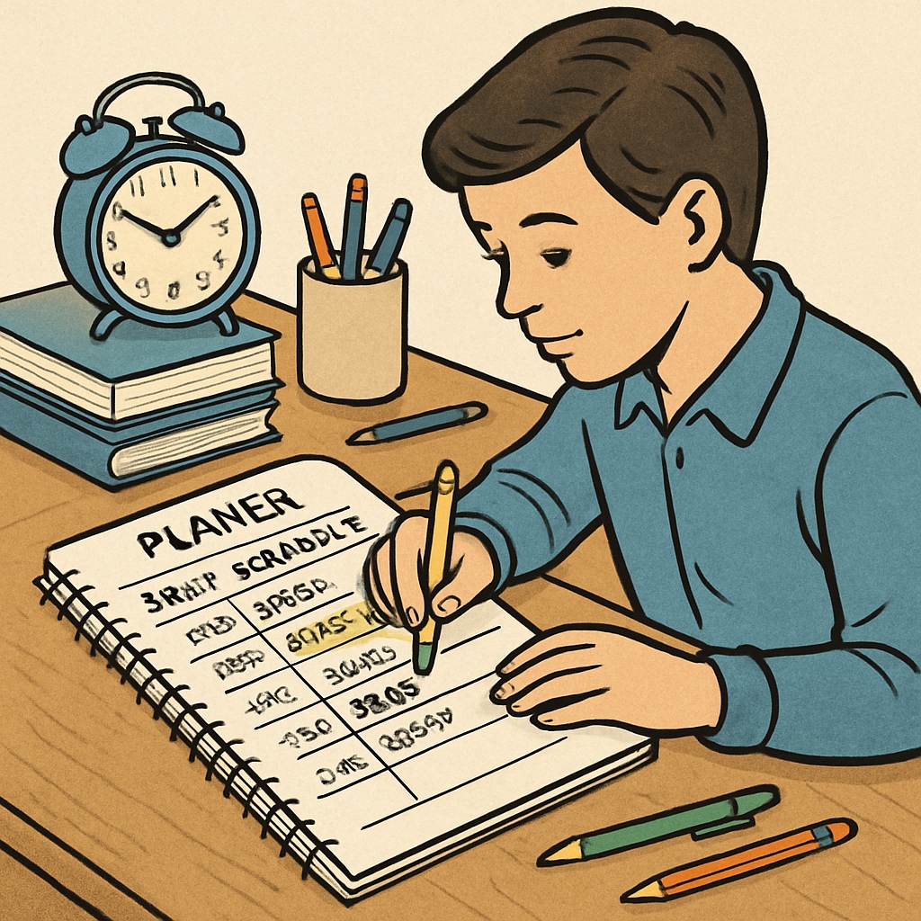 A student using a planner to organize their daily schedule, highlighting effective time management practices. Student practicing time management by organizing their daily tasks.