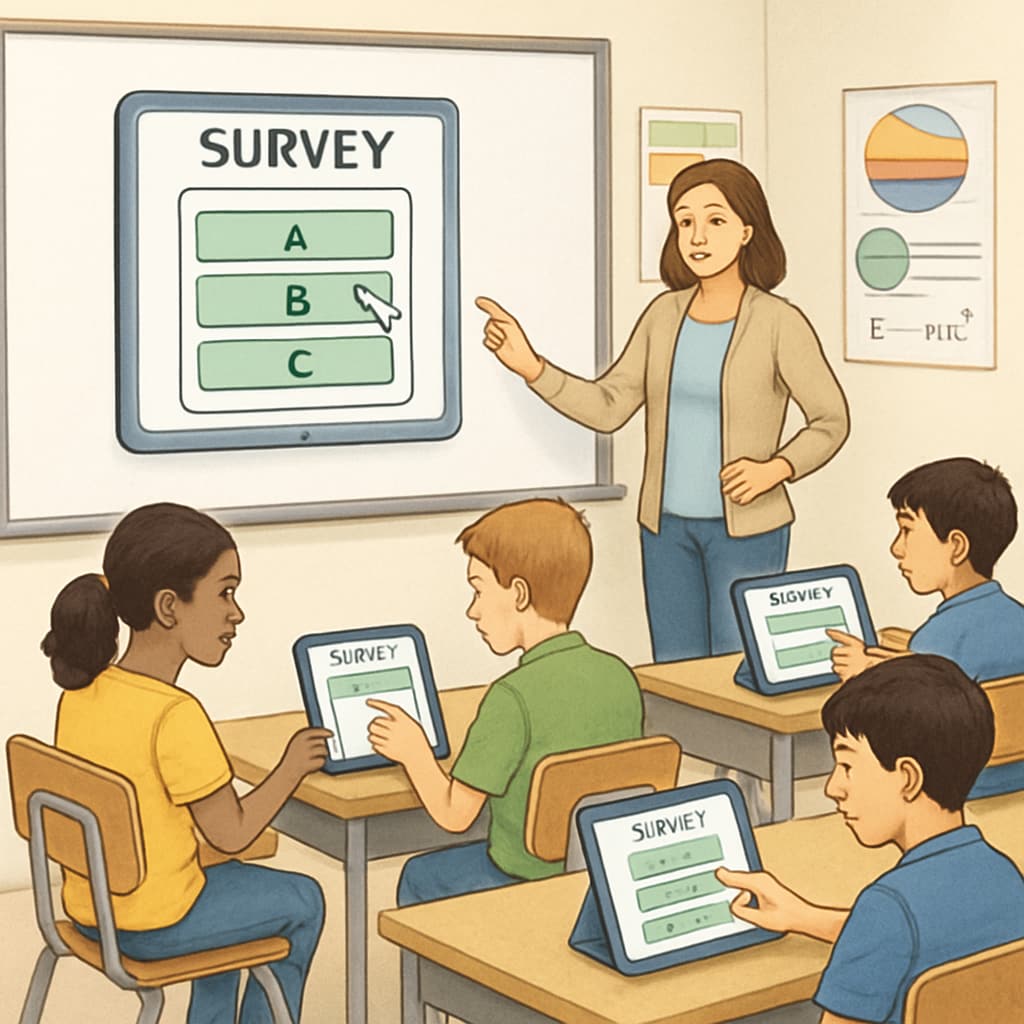 Students in a K12 classroom completing a digital survey on tablets.