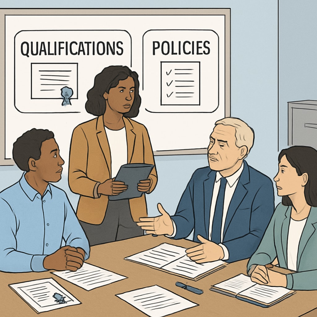 A group of professionals in an office discussing qualifications, symbolizing employment and education policies. Professionals discussing employment and education policies.