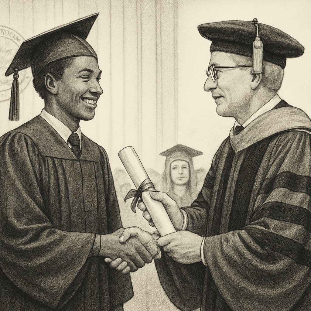A student receiving a college diploma, symbolizing the achievement of higher education despite systemic barriers. Student receiving a college diploma as a symbol of higher education achievement.