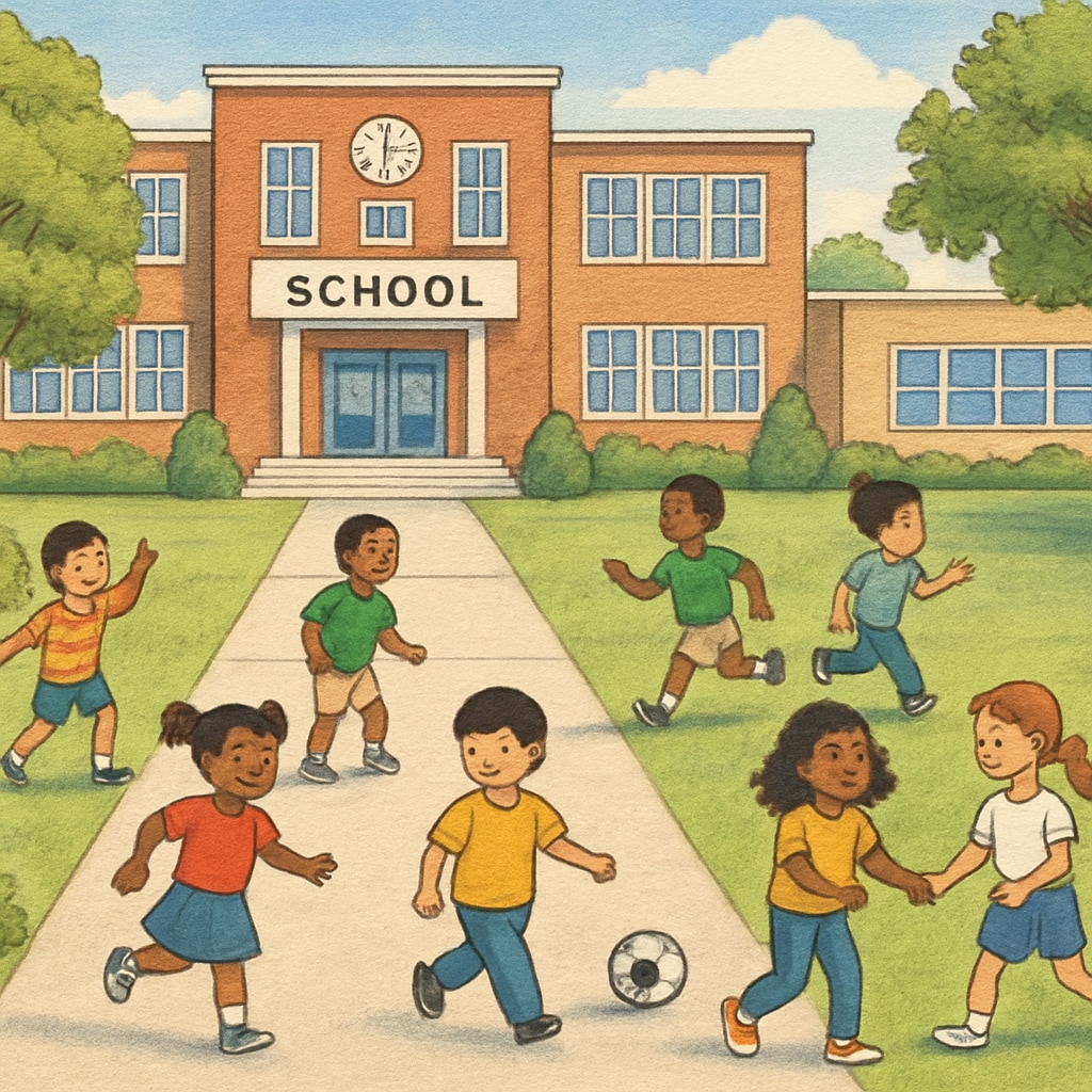 A welcoming elementary school campus showcasing diversity and inclusivity, with children playing in a safe environment. Public school campus promoting diversity and inclusivity