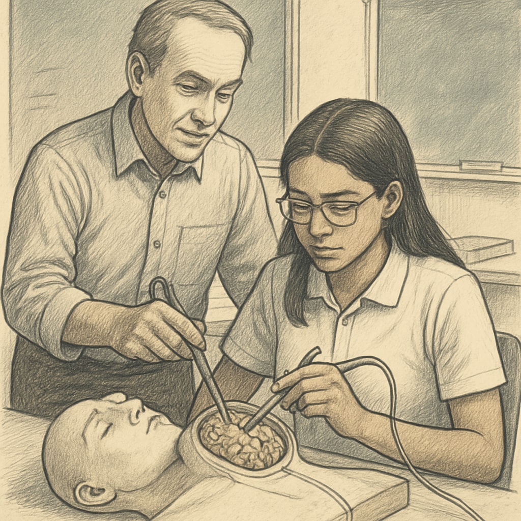 A mentor guiding a high school student through a medical simulation, symbolizing the importance of mentorship and experiential learning in preparing for neurosurgery careers. Mentor guiding student through medical simulation.