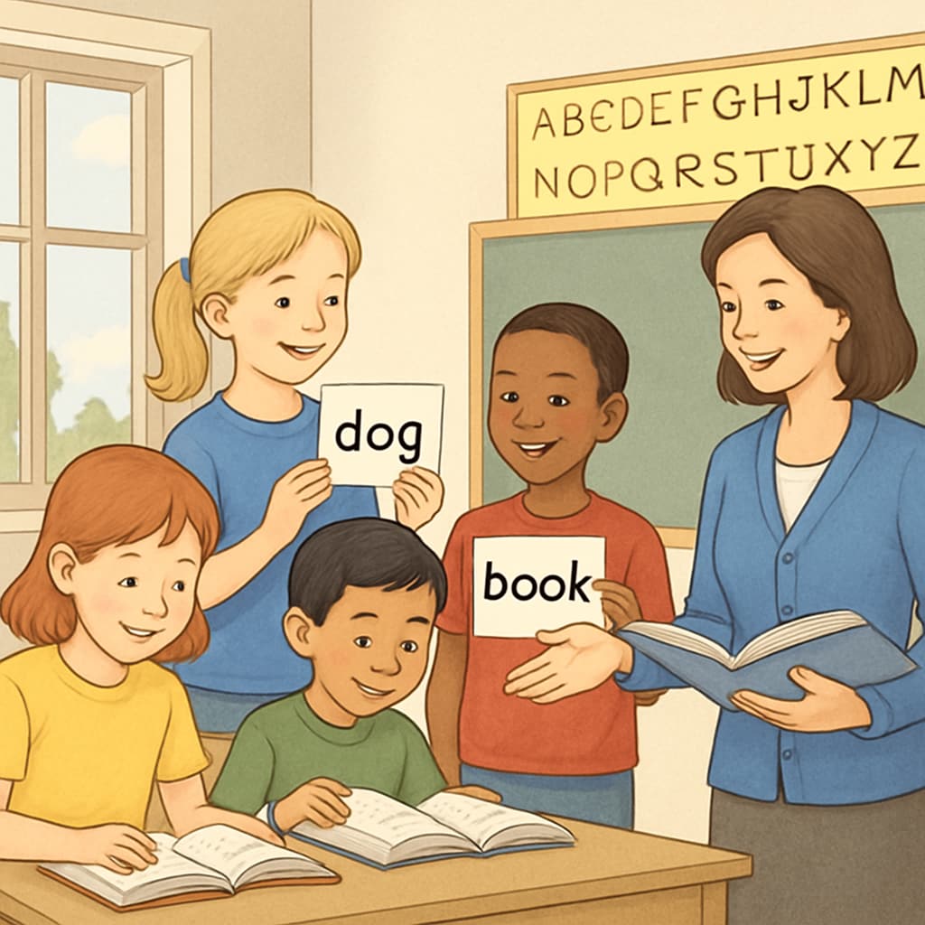 A classroom environment showing children engaging in reading activities with books and flashcards. Phonics-based reading instruction in a classroom setting.