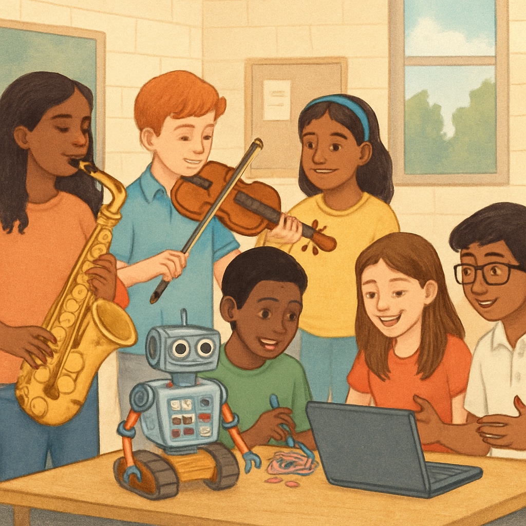 Students of diverse backgrounds engaged in various extracurricular activities, including music and robotics, in a public school setting. Public school students participating in extracurricular activities