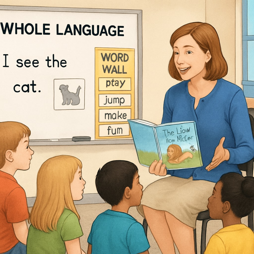 A teacher conducting a whole language lesson with students, using a storybook and visual aids. Whole language teaching activity with a storybook and pictures.