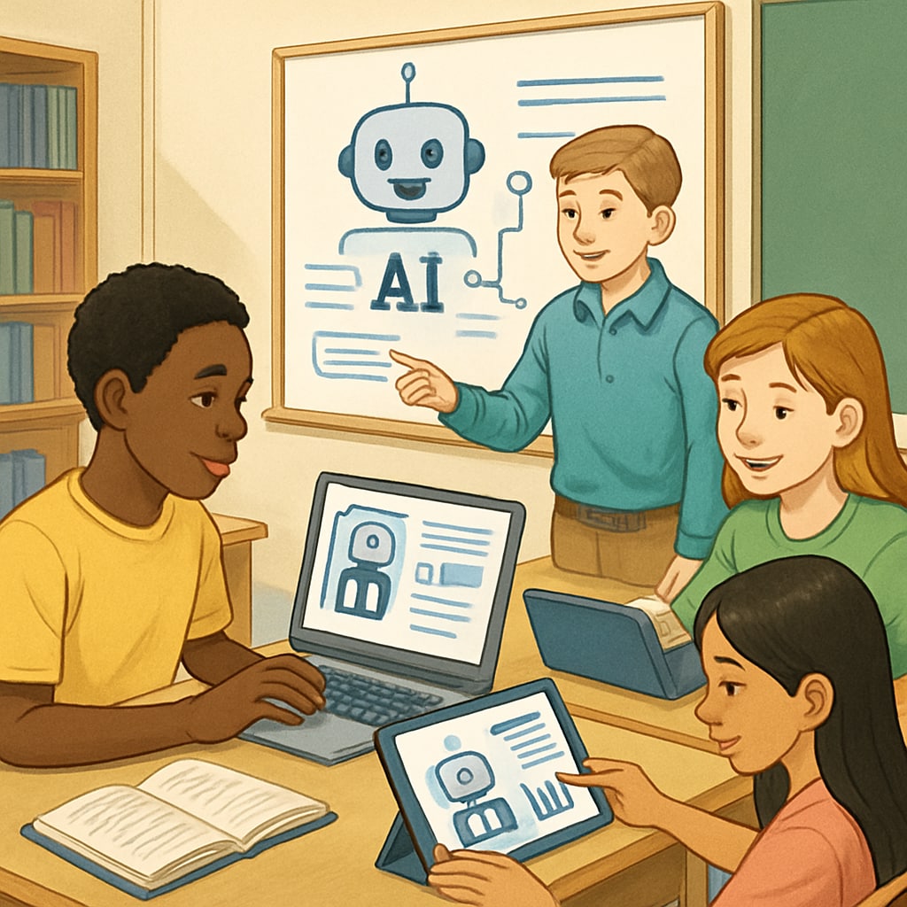 Students using AI tools in a classroom, symbolizing AI’s role in education.