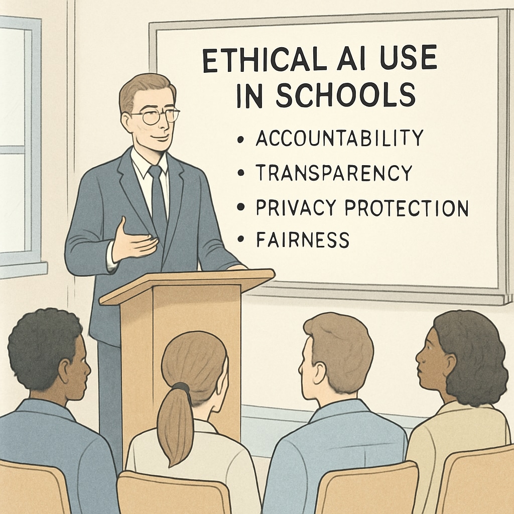 Policymaker explaining ethical AI guidelines for schools.