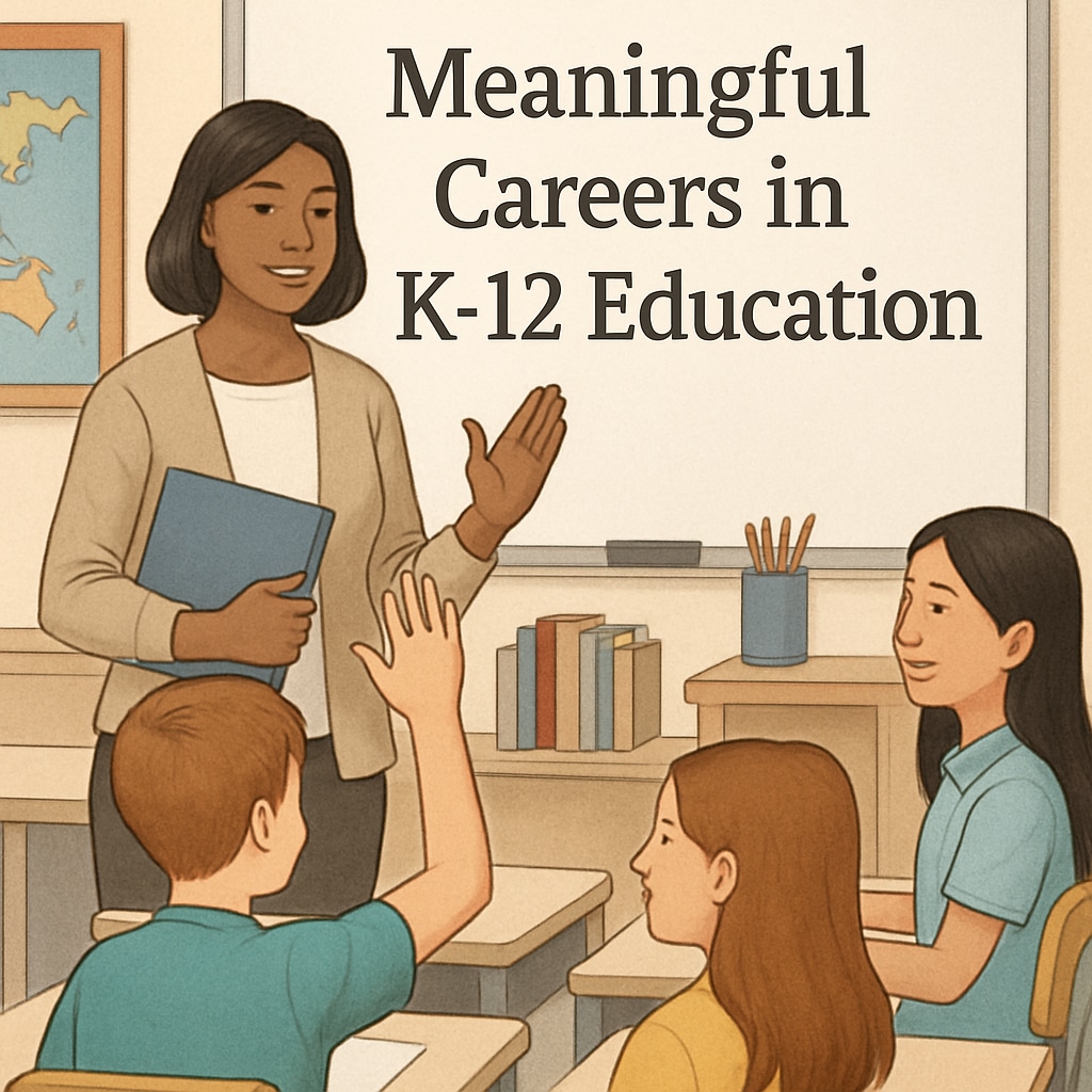 A teacher interacting with students in a classroom, symbolizing meaningful careers in K12 education. Career planning in K12 education: A teacher engaging with students.