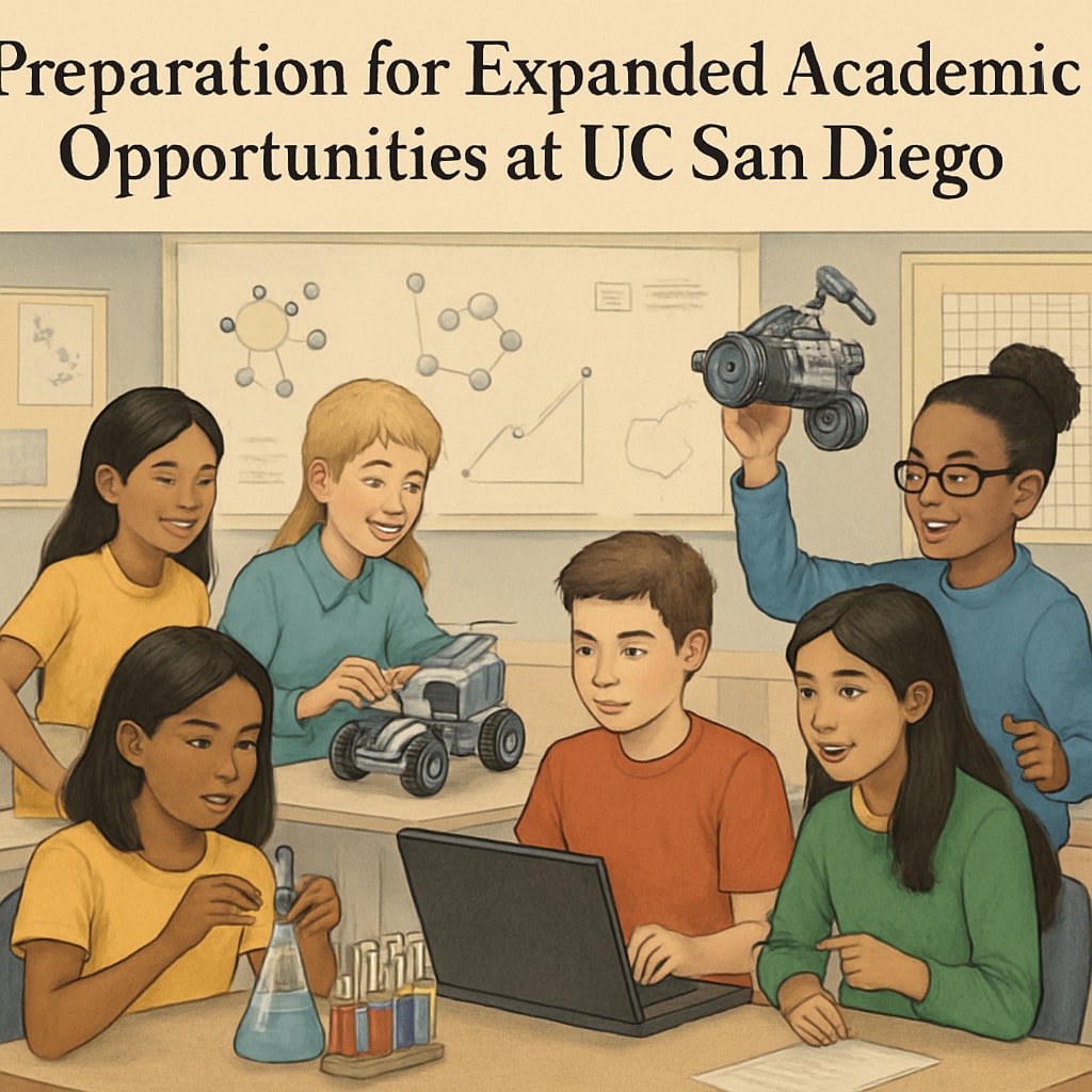 A classroom with students engaged in STEM activities, symbolizing the preparation needed for UC San Diego’s expanded academic opportunities. STEM classroom activity preparation for UC San Diego expansion