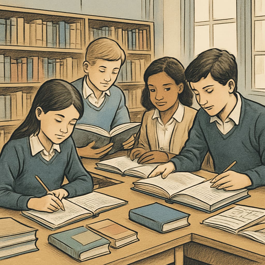 Private school students in a library researching in a focused study environment.