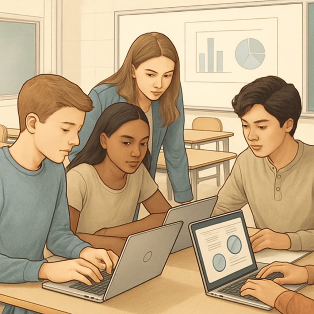 A group of high school students collaboratively analyzing survey data on laptops in a classroom setting. High school students working on media research and survey projects in a classroom.