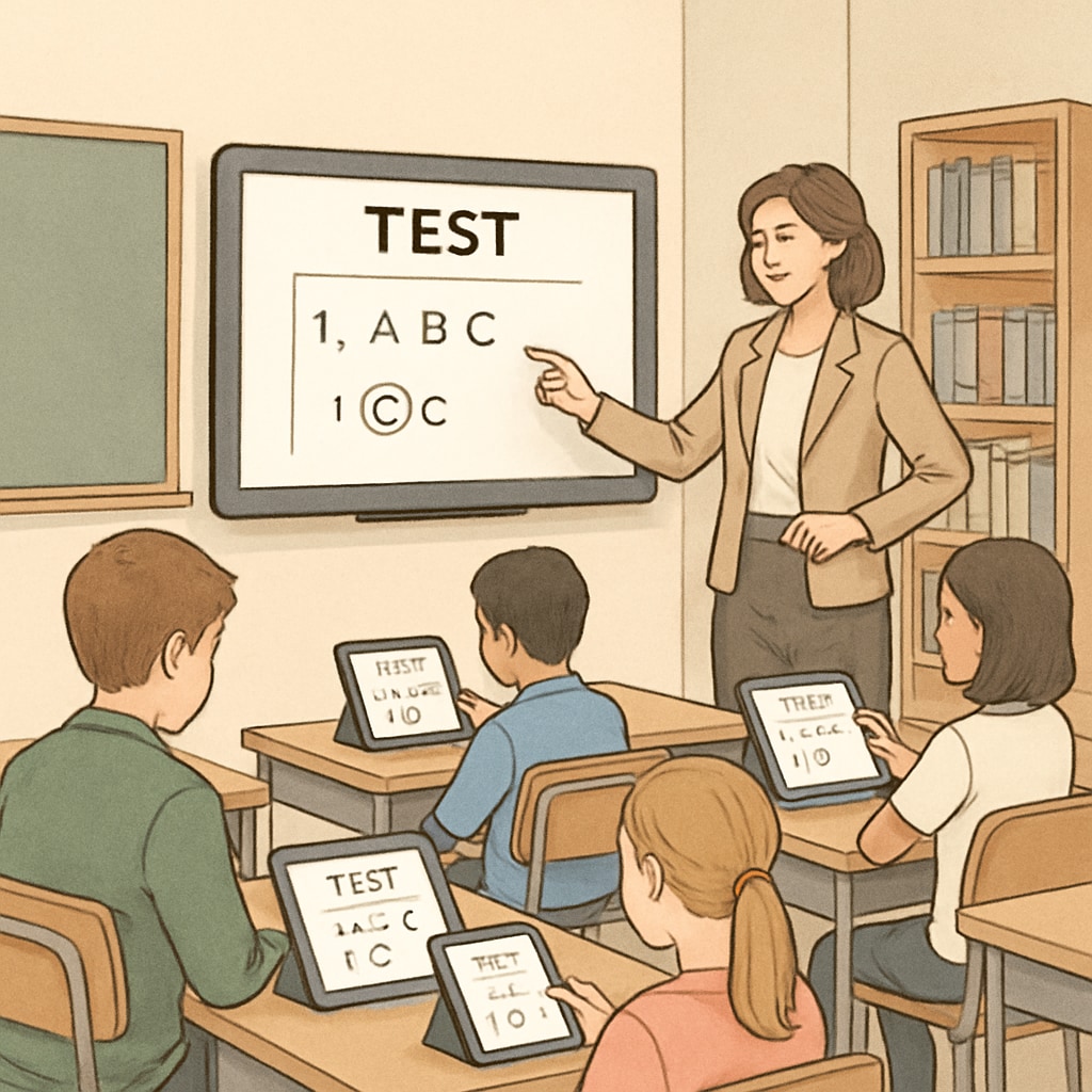 Teacher using digital test tools to assist students in a classroom setting.