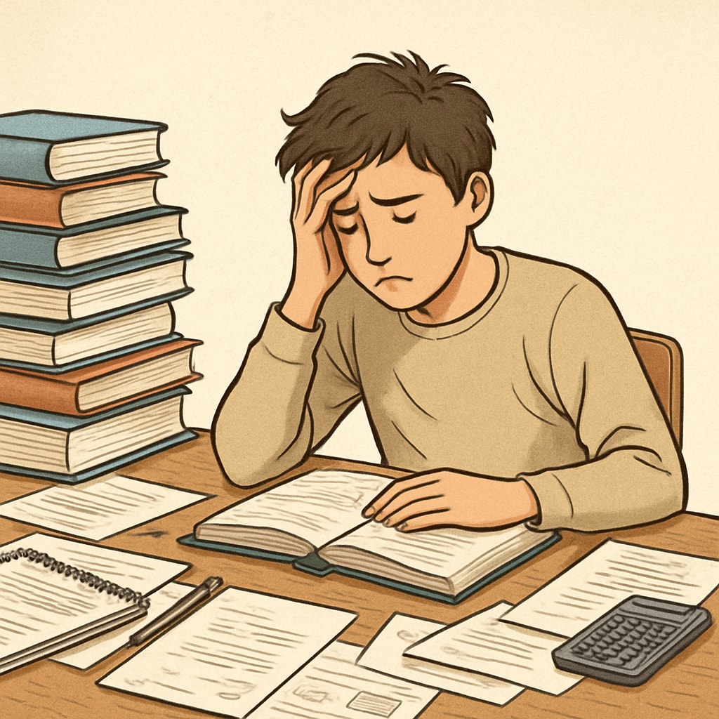 A stressed student sitting alone at a desk surrounded by books and papers, symbolizing the psychological burden of high expectations. Stressed student burdened by high expectations in education.