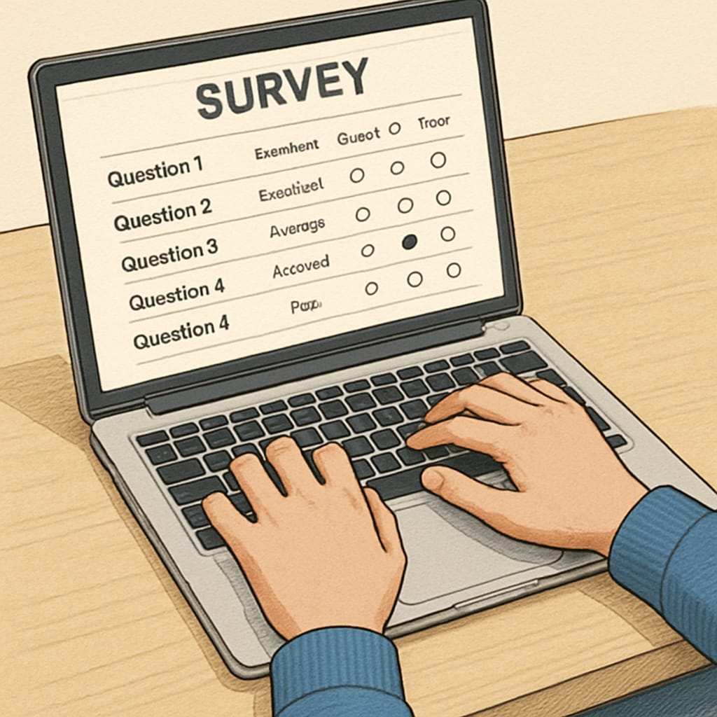 A close-up of a student's hands typing on a laptop, with a survey form displayed on the screen. Student working on a media research survey form on a laptop.