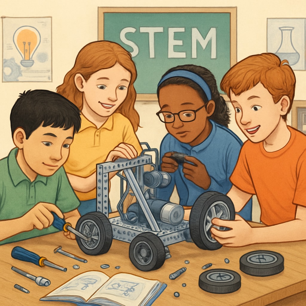 A group of students working collaboratively on assembling a robot during a STEM workshop. Students assembling robots in a beginner-friendly STEM workshop.