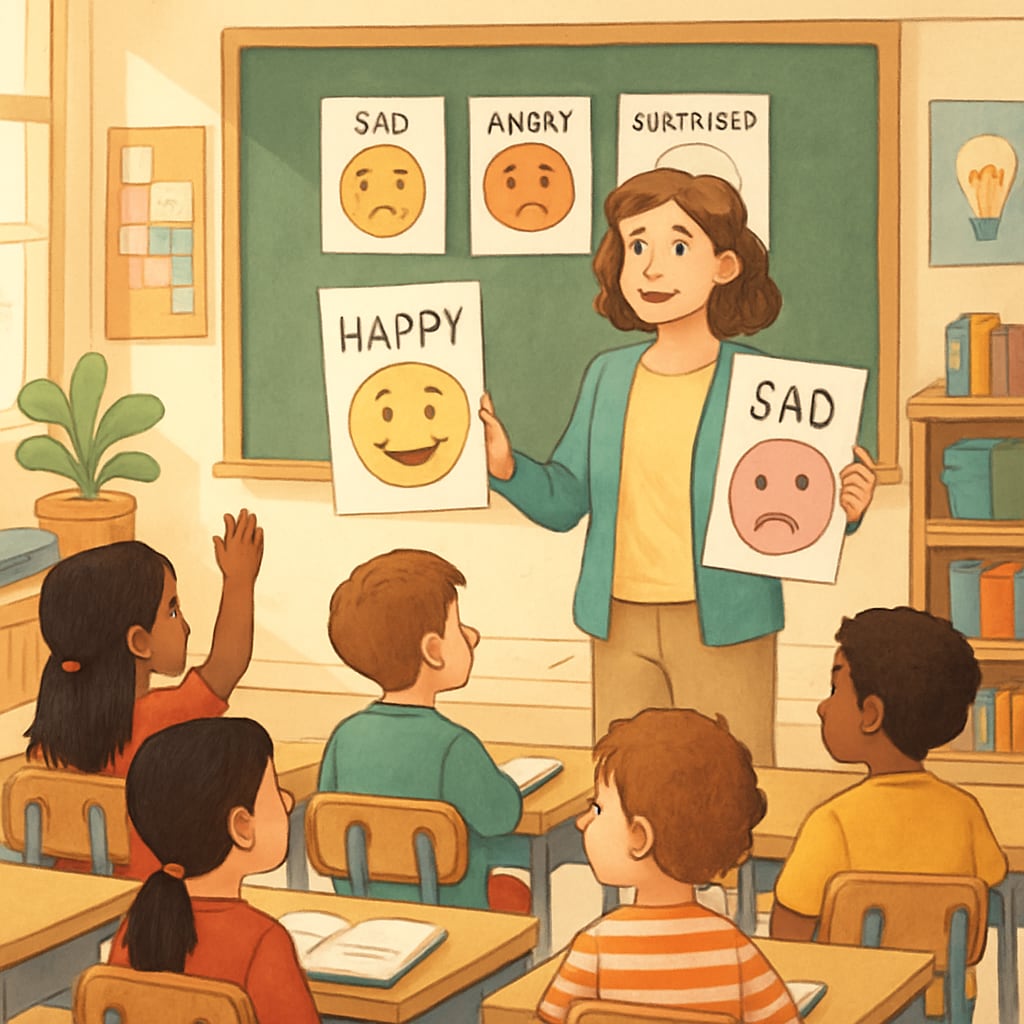 Children learning emotional education in a classroom setting.