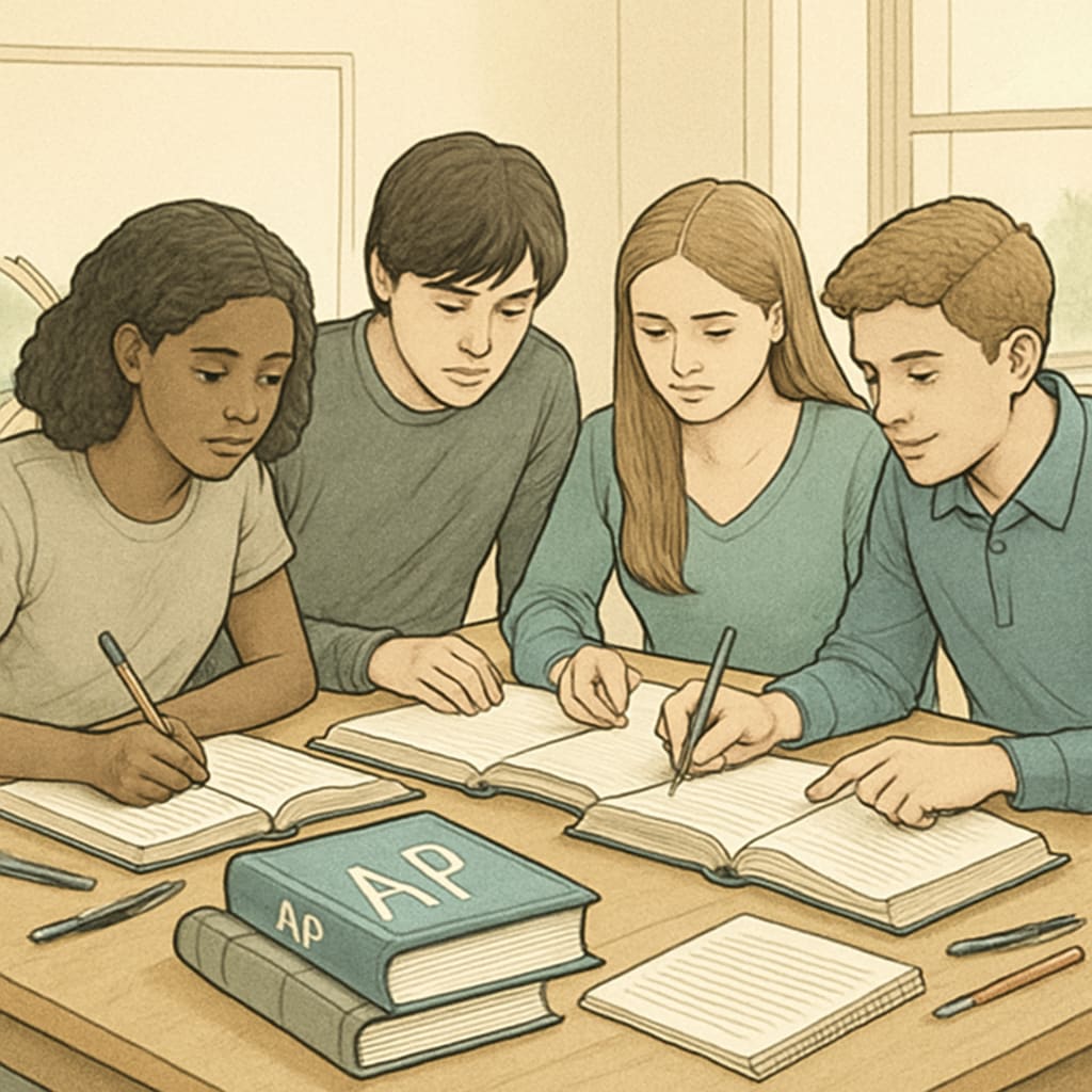 A group of high school students studying together with AP textbooks on a desk. High school students studying AP courses with textbooks.