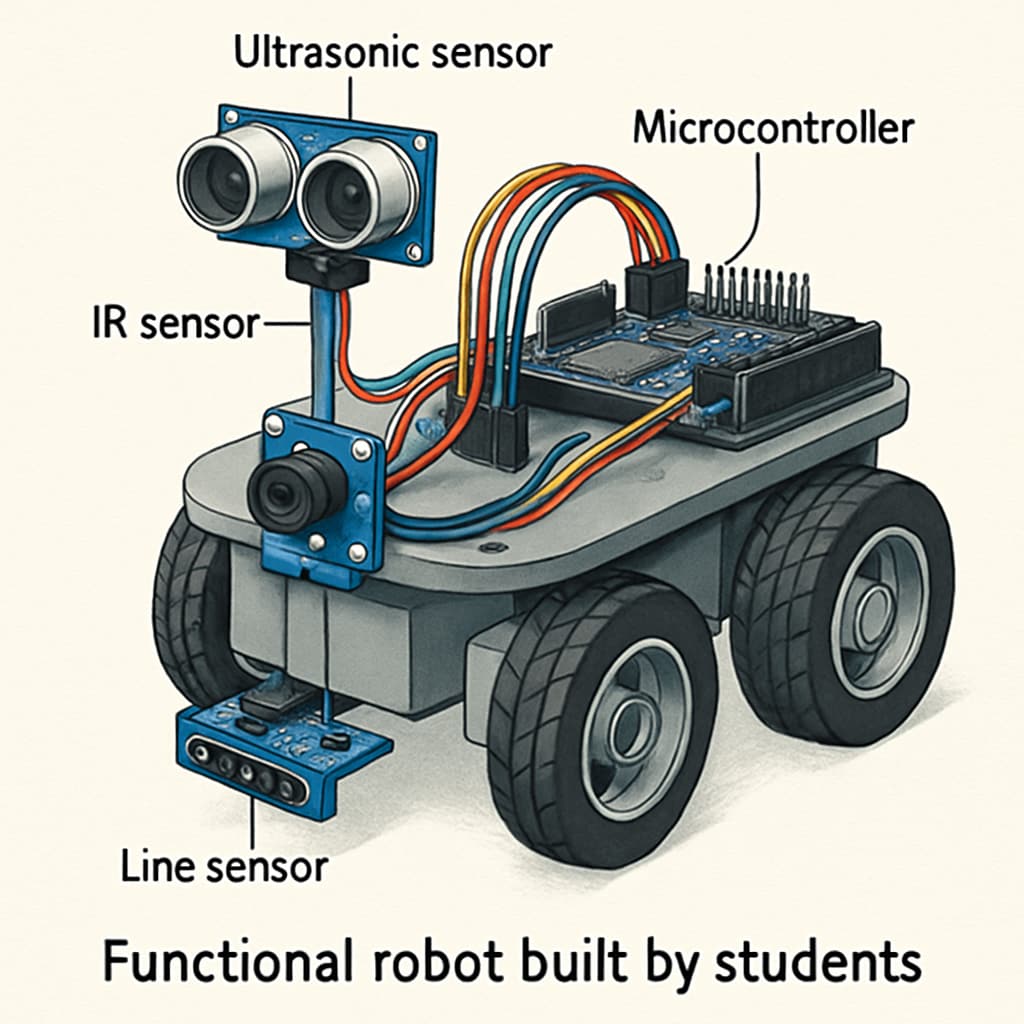 A close-up of a functional robot built by students, showcasing its sensors and microcontroller. Close-up of a student-built robot with sensors and microcontroller components.