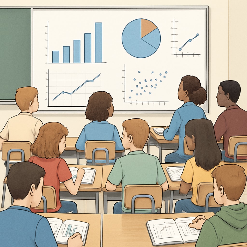 A high school classroom with students reviewing statistical graphs and charts. Classroom of students analyzing graphs, related to AP Statistics.