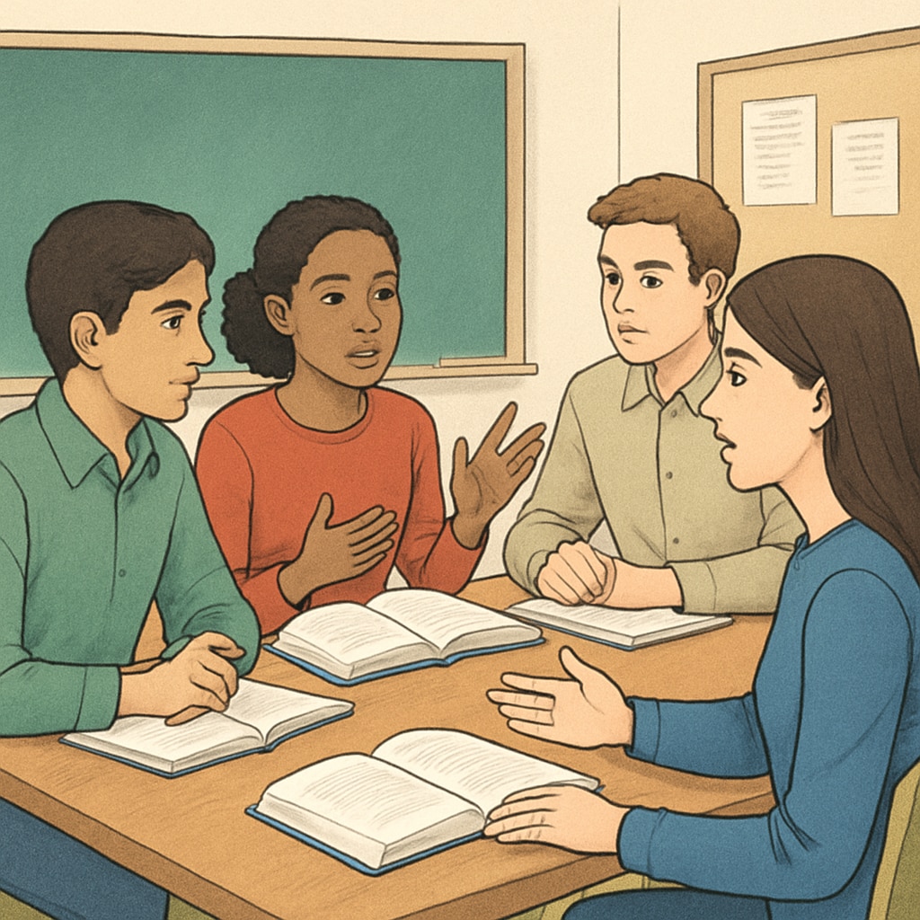 A classroom setting where students are engaged in a group discussion, representing critical thinking and collaborative learning. Students discussing in a classroom to develop critical thinking skills.
