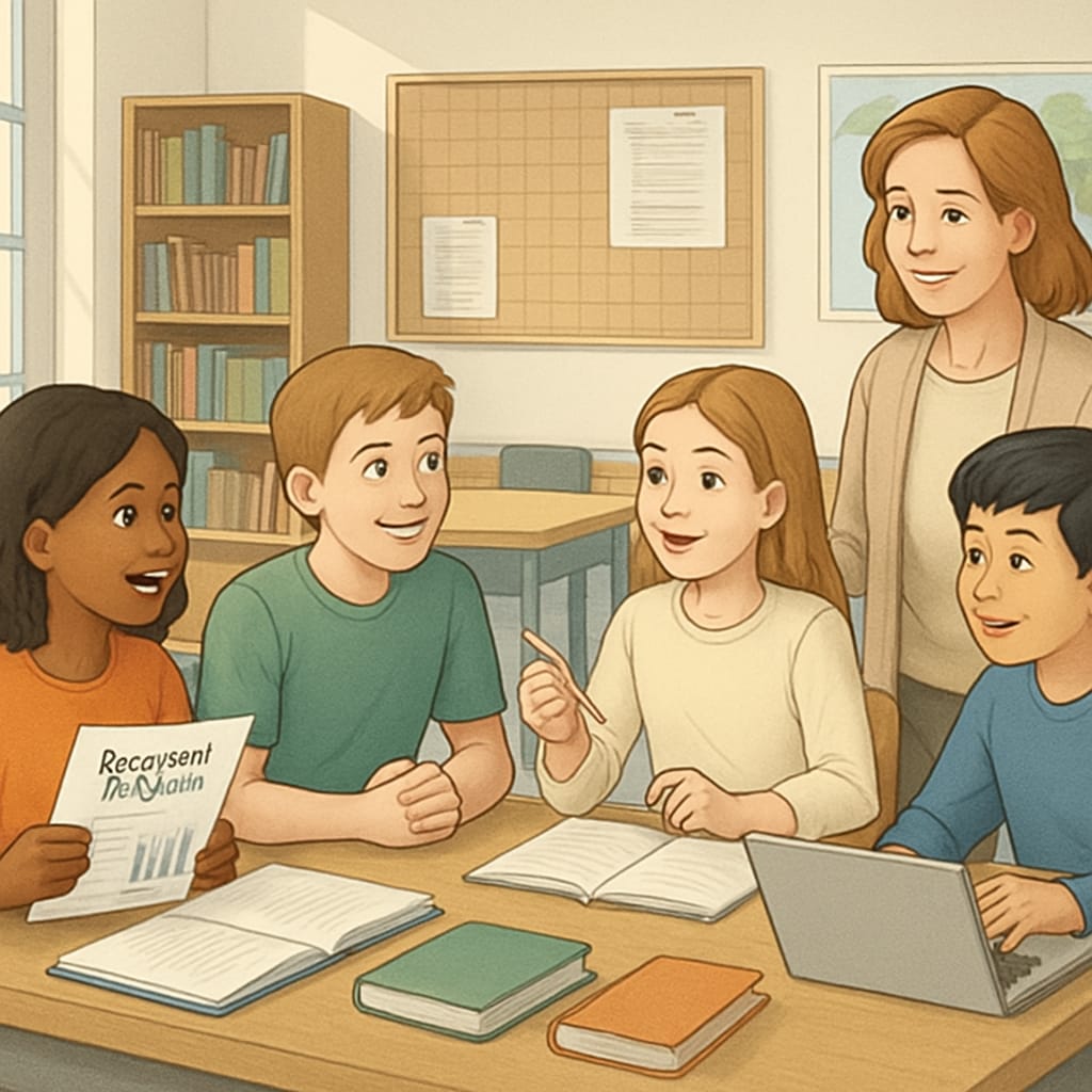 A classroom of students engaging in a group discussion about their research projects, with a teacher providing guidance. Students discussing research questions in a classroom with teacher assistance.