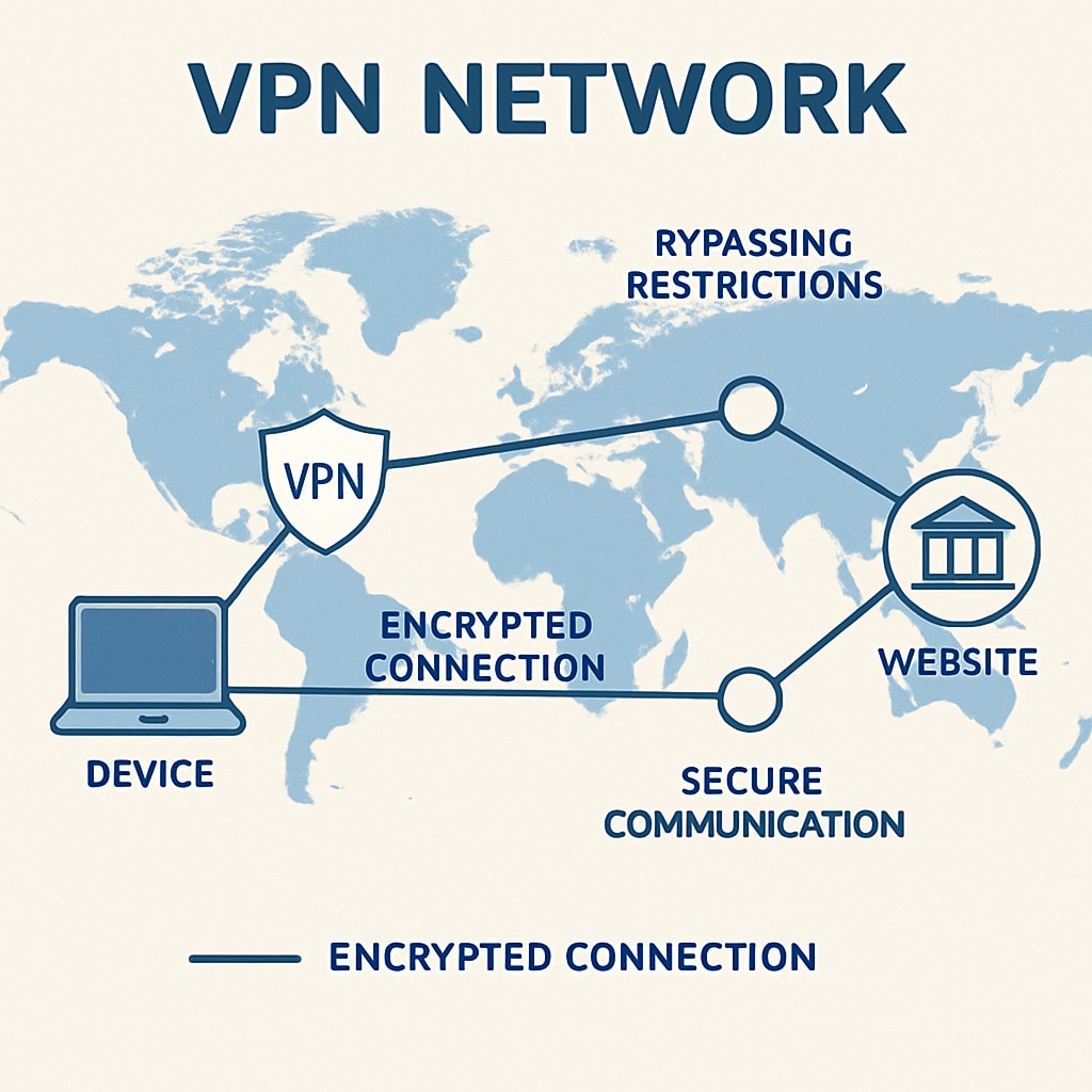 A visual representation of a VPN network, showing encrypted connections and global nodes. This image illustrates how VPNs work and their role in bypassing restrictions. VPN network with encrypted connections and global nodes