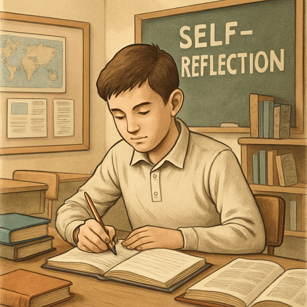 A student journaling in a quiet classroom, symbolizing self-reflection and personal development. A student journaling in a classroom to cultivate self-awareness.
